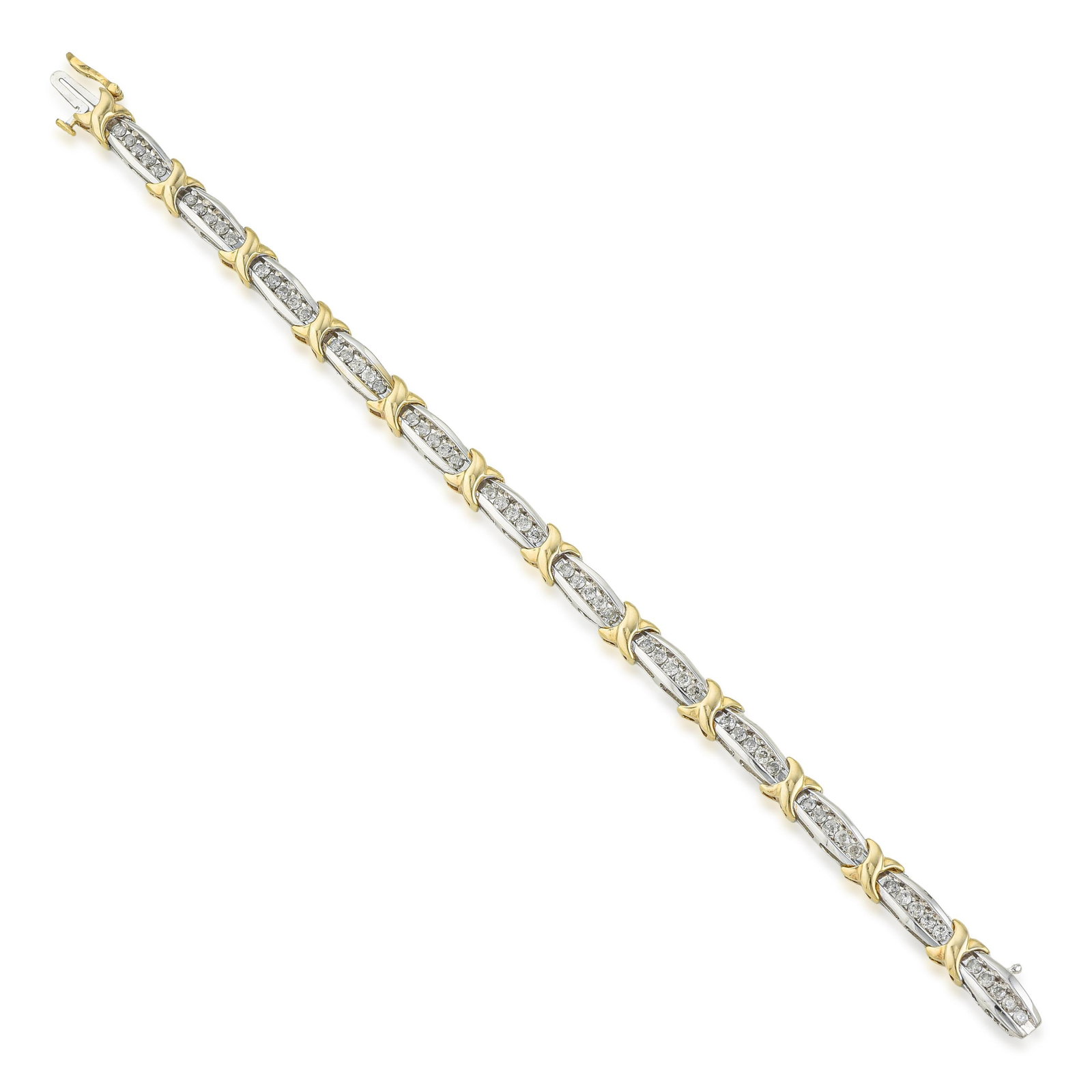 Two-Tone Diamond Bracelet: ESTIMATED RETAIL PRICE: $6,500* *This is the estimated value a piece of similar quality, craftsmanship, and characteristics could command at retail. White gold bar links channel-set with 2.50 carats