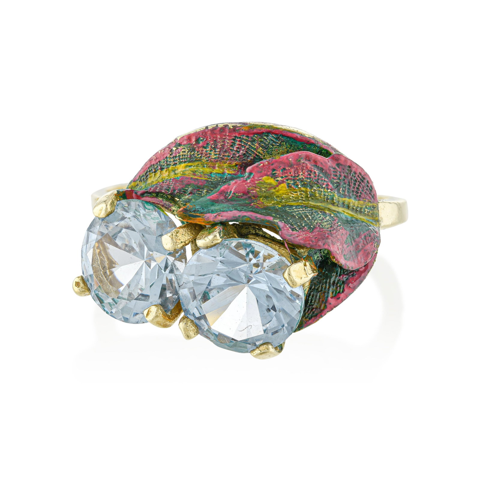 Vintage Leaf Aquamarine and Enamel Ring: ESTIMATED RETAIL PRICE: $1,600* *This is the estimated value a piece of similar quality, craftsmanship, and characteristics could command at retail. Two round light-blue aquamarines totaling 1.80