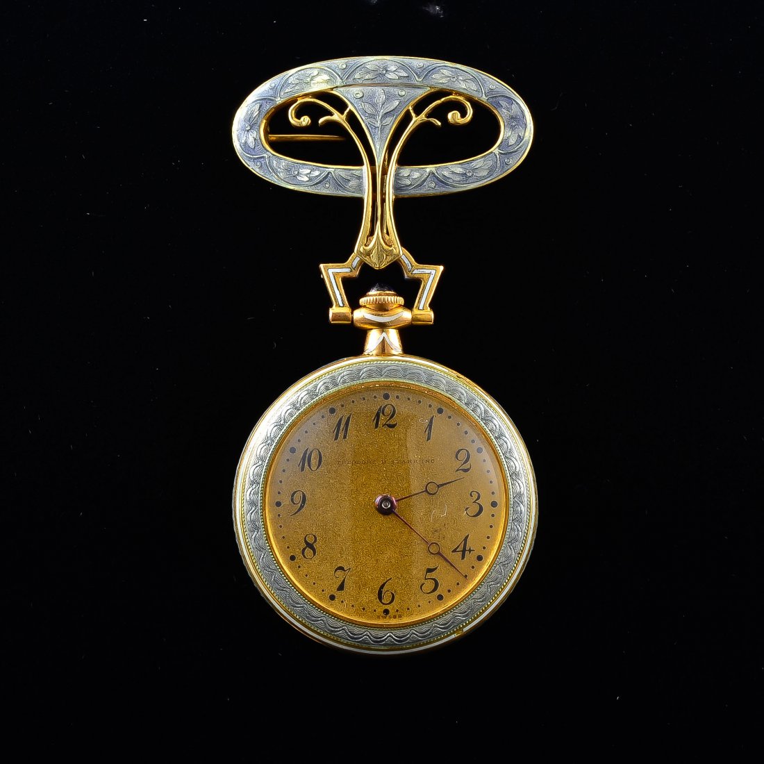Antique T. B. Starr gold enamel pendant watch: Watch diameter 1 1/16 inches,Length 2 in., weight 21.3 grams