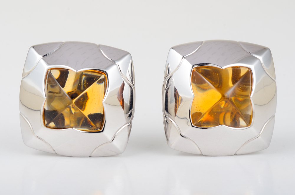 Bulgari Citrine White Gold Earrings: Bulgari citrine 18K white Gold earrings. Signed BVLGARI MADE IN ITALY 3022AL 750 approx length 1'', weight 31.2g