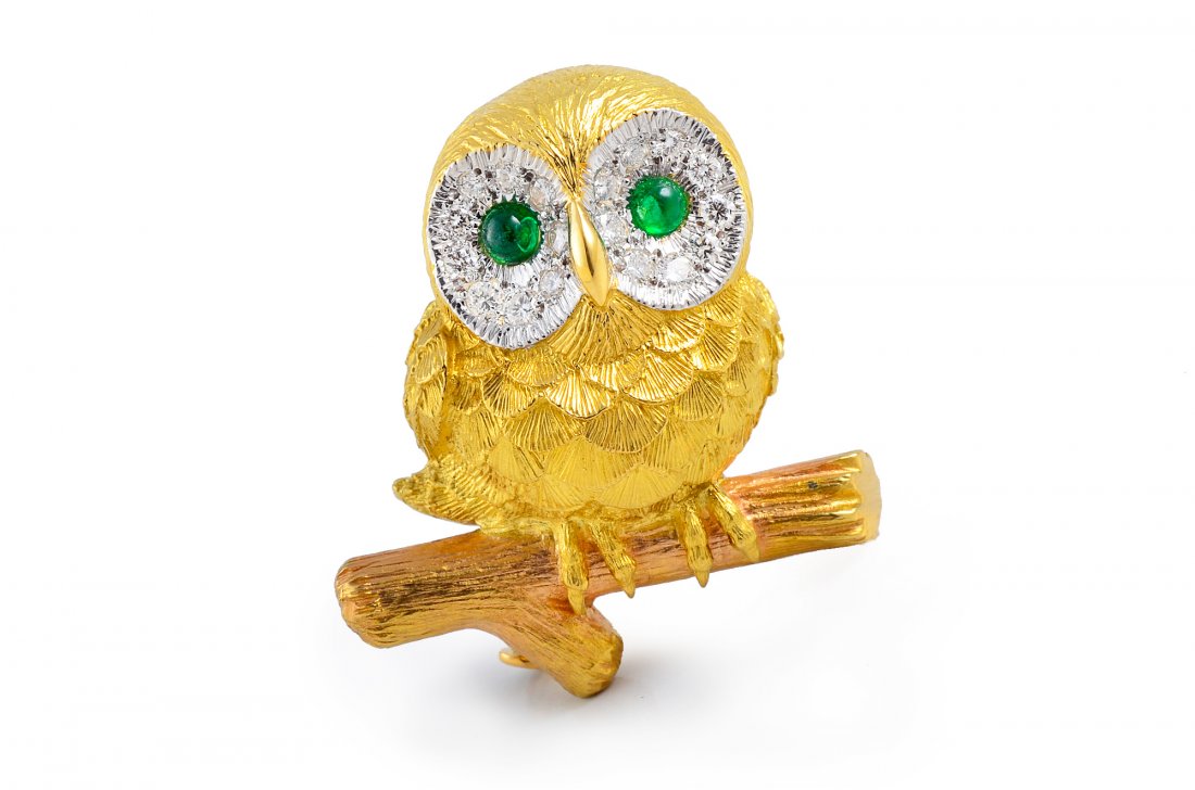 E. Wolfe Owl Diamond Emerald Brooch (1 of 3)