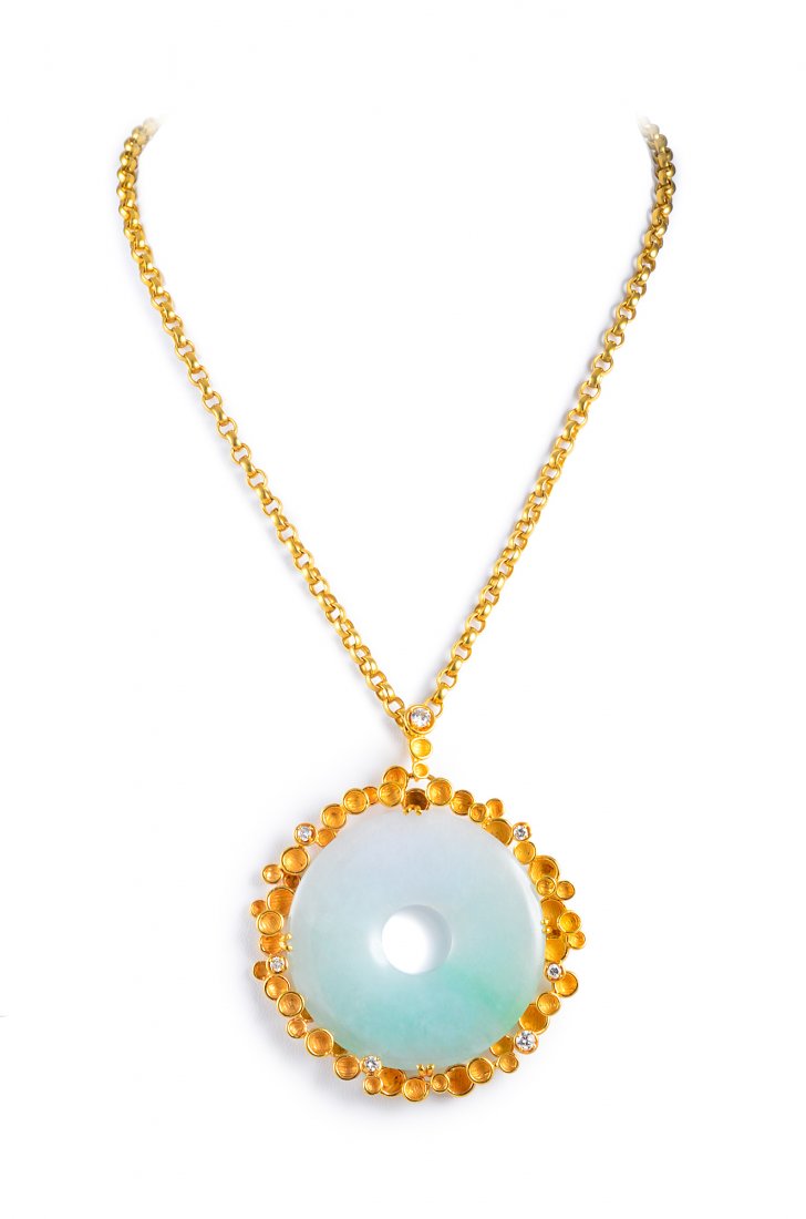 Large Jade Bi and Gold Pendant and Chain (1 of 2)