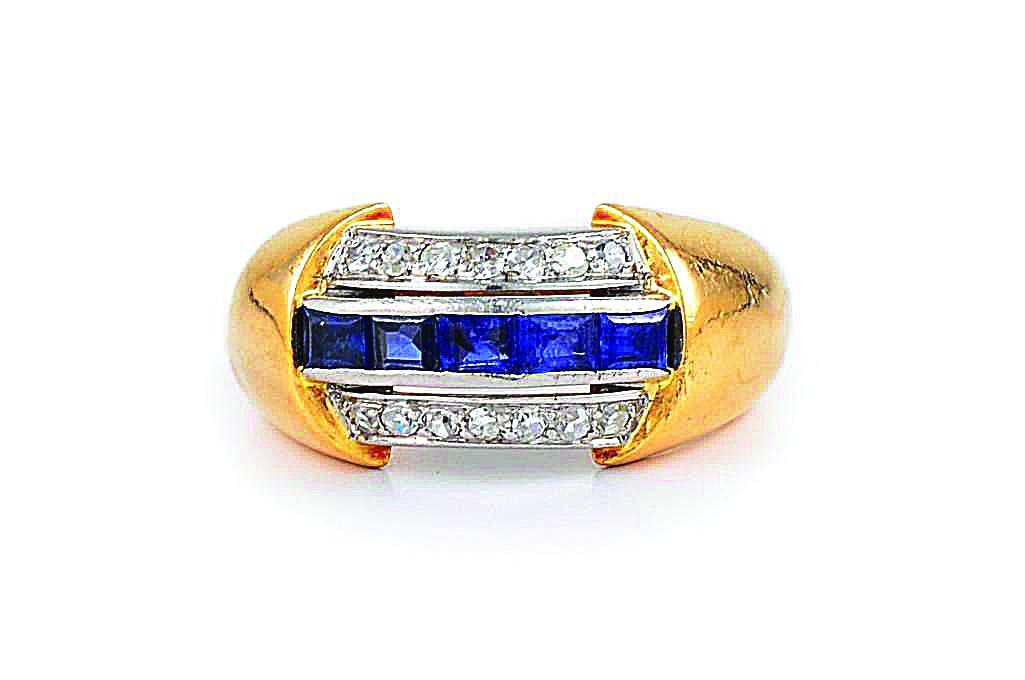 A Diamond and Sapphire Ring, by Tiffany & Co.: Set with 5 baguette sapphires and 14 round-cut diamonds, mounted in 14K yellow gold and platinum; signed TIFFANY; ring size 6-1/2; weight 5.8g.