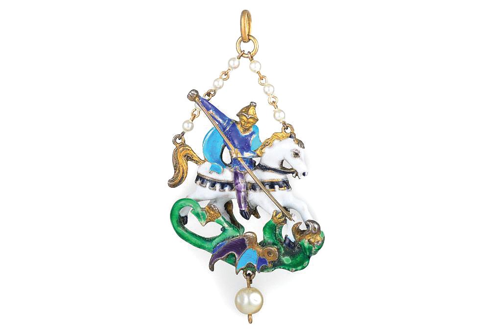 A Renaissance Revival Enamel Pendant, No Reserve: Antique enamel pendant depicting St. Michael slaying the dragon. Chain contains 7 seed pearls. Bottom of pendant has one 6mm pearl. Length approximately 2 inches, width 1 1/4 inches. This lot is offer