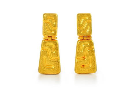 A Pair of Ilias Lalaounis Gold Earrings: A Pair of Ilias Lalaounis Gold Earrings. Designed as articulated 18K yellow gold engraved rectangles; length 2 inches; width 1-5/8 inches; weight 22.8g. Stamped 750 Greece. Ilias Lalaounis's makers's