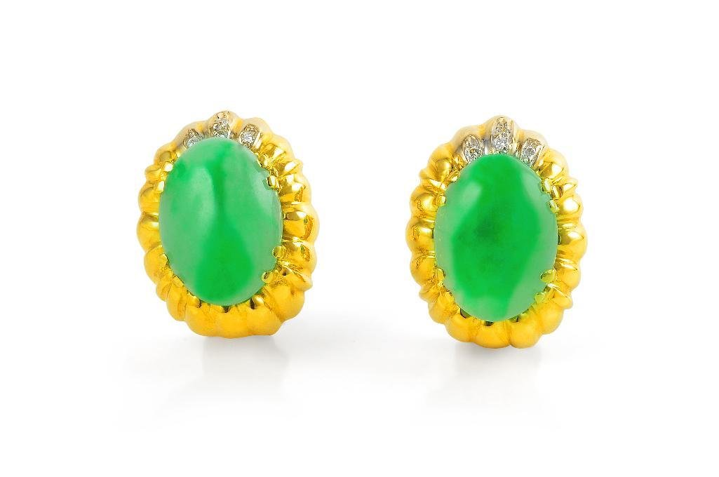A Pair of Antique Jadeite  and Diamond Earclips (1 of 1)