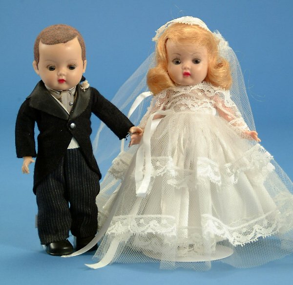 8" Nancy Ann Muffy Bride & Groom, all orig, rare fl