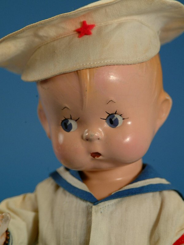 14" Effanbee Skippy, all comp, bl. painted eyes, or: 14" Effanbee Skippy, all comp, bl. painted eyes, orig sailor outfit + orig blue wool coat & hat, overall crazing & flaking, some touchup, F, (est. $200 - $300)