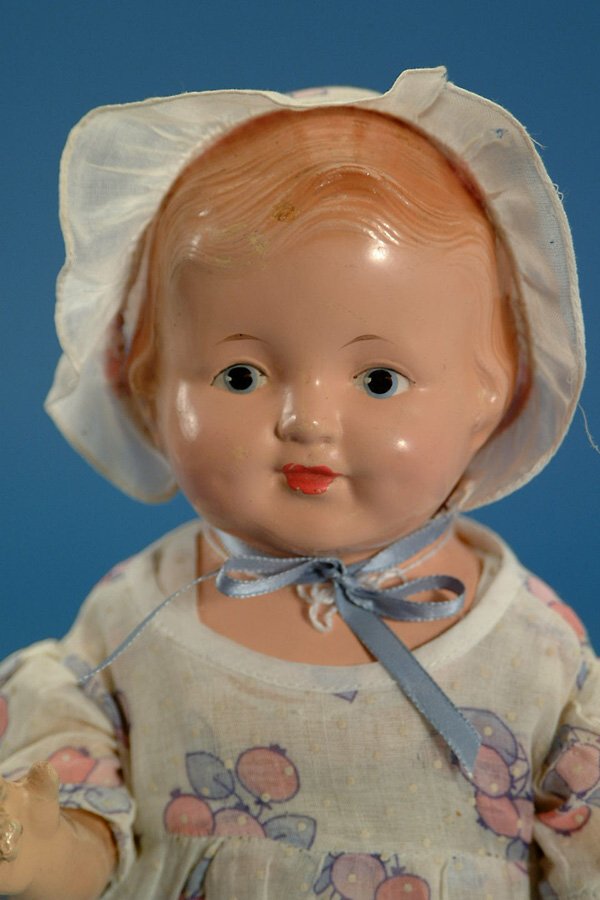 14.5" Effanbee Unusual Early Patsy, comp w/cloth to: 14.5" Effanbee Unusual Early Patsy, comp w/cloth torso, bl. painted eyes, orig. outfit, light crazing, VG, (est. $100 - $200)