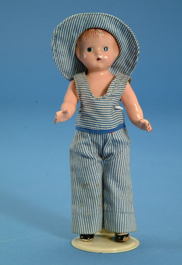 5" Effanbee Wee Patsy, all comp, bl. painted eyes,: 5" Effanbee Wee Patsy, all comp, bl. painted eyes, orig clothes w/hat, some wear/crazing & chipped toes, VG, (est. $150 - $250)