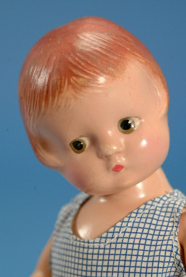 9.5" Effanbee Patsyette, all comp, br. painted eyes: 9.5" Effanbee Patsyette, all comp, br. painted eyes, w/extensive homemade wardrobe, touch up on hair, G, (est. $200 - $300)