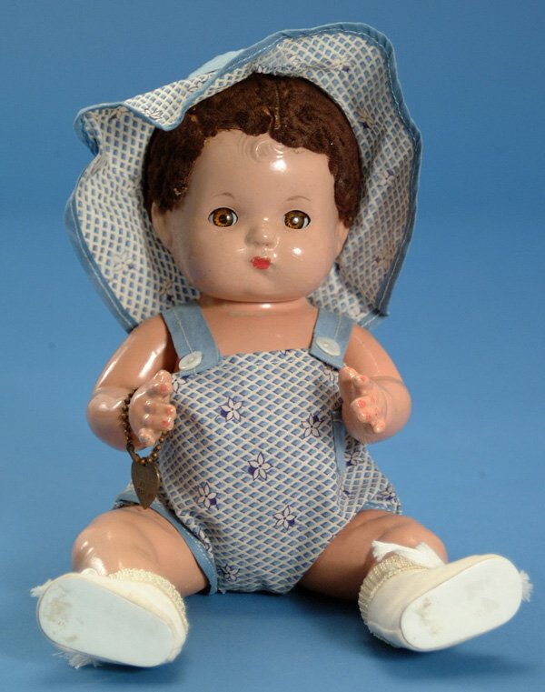 11" Effanbee Patsy Baby, all comp, repl skin wig, b: 11" Effanbee Patsy Baby, all comp, repl skin wig, br. sl. eyes, vintage sunsuit, bracelet, overall crazing, some touchup, G
