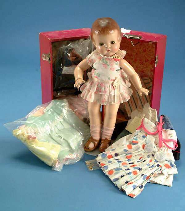 19" Effanbee Patsy Ann, all comp, molded hair, gr.: 19" Effanbee Patsy Ann, all comp, molded hair, gr. sl. eyes, orig dress, pin, & bracelet, vintage trunk, large wardrobe w/some home made clothes, VG, (est. $600 - $800)