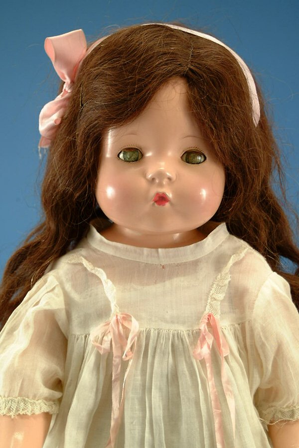 30" Effanbee Patsy Mae, long human hair brown wig,: 30" Effanbee Patsy Mae, long human hair brown wig, comp. w/ cloth torso, green sleep eyes, orig bracelet, vintage cotton dress, good coloring, crazed eyes, repair to fingers, overall light crazing, (e