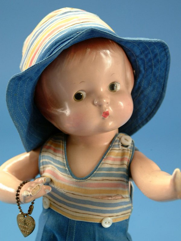 14" Effanbee Patsy, all comp, molded hair, br. pai: 14" Effanbee Patsy, all comp, molded hair, br. painted eyes, orig cotton sun suit w/hat & bracelet, replaced shoes, 3 fingers missing, light crazing & flaking, VG, (est. $100 - $200)