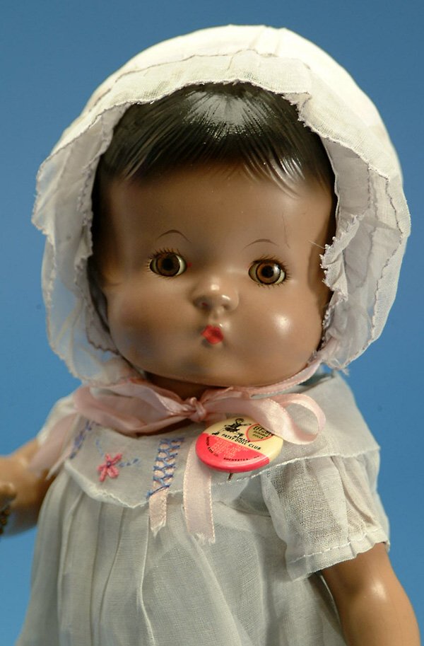 14" Effanbee Black Patsy, all comp, molded black p: 14" Effanbee Black Patsy, all comp, molded black painted hair, br. sl. eyes, orig tagged outfit, bracelet, pin, shoes & socks, one very slight craze line on forehead, very slight crazing on body, VG,