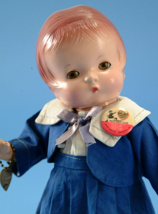 11" Effanbee Patsy Jr., all comp, molded hair, br.: 11" Effanbee Patsy Jr., all comp, molded hair, br. sl. eyes, orig. blue dress, Patsy club pin, & bracelet, period oil cloth shoes, minor crazing & slight rubs on hair, VG, (est. $200 - $300)