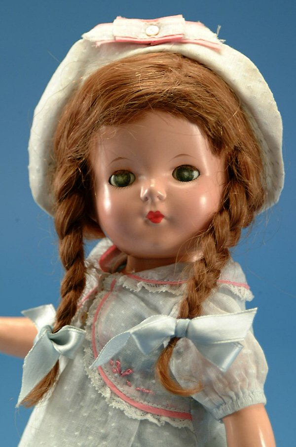 14" Effanbee wigged Patricia, all comp, gr. sl. ey: 14" Effanbee wigged Patricia, all comp, gr. sl. eyes, orig tagged outfit & hat, oil cloth shoes, human hair wig w/braids, crazed eyes, light surface crazing, VG, (est. $200 - $300)