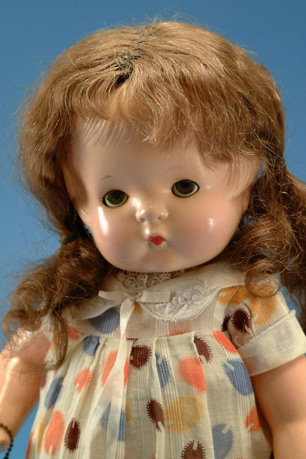 19" Effanbee Patsy Ann, all comp, gr. sl. eyes, re: 19" Effanbee Patsy Ann, all comp, gr. sl. eyes, replaced human hair wig over molded hair, orig tagged dress, oil cloth shoes, light surface crazing, G, (est. $100 - $200)