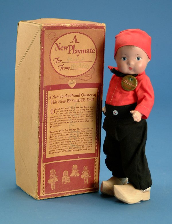 8" Effanbee Patsy Tinyette Dutch boy w/orig box, a: 8" Effanbee Patsy Tinyette Dutch boy w/orig box, all comp, molded hair, bl. painted eyes, all orig costume with shoes & pin, very light surface crazing, flaking to hands, VG-EX, (est. $200 - $300)