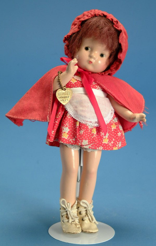 9" Effanbee Patsyette Little Red Riding Hood, all: 9" Effanbee Patsyette Little Red Riding Hood, all comp, br. painted eyes, br. mohair wig, orig tagged outfit w/bracelet, replaced shoes, crazing & touchup on forehead, G, (est. $100 - $200)