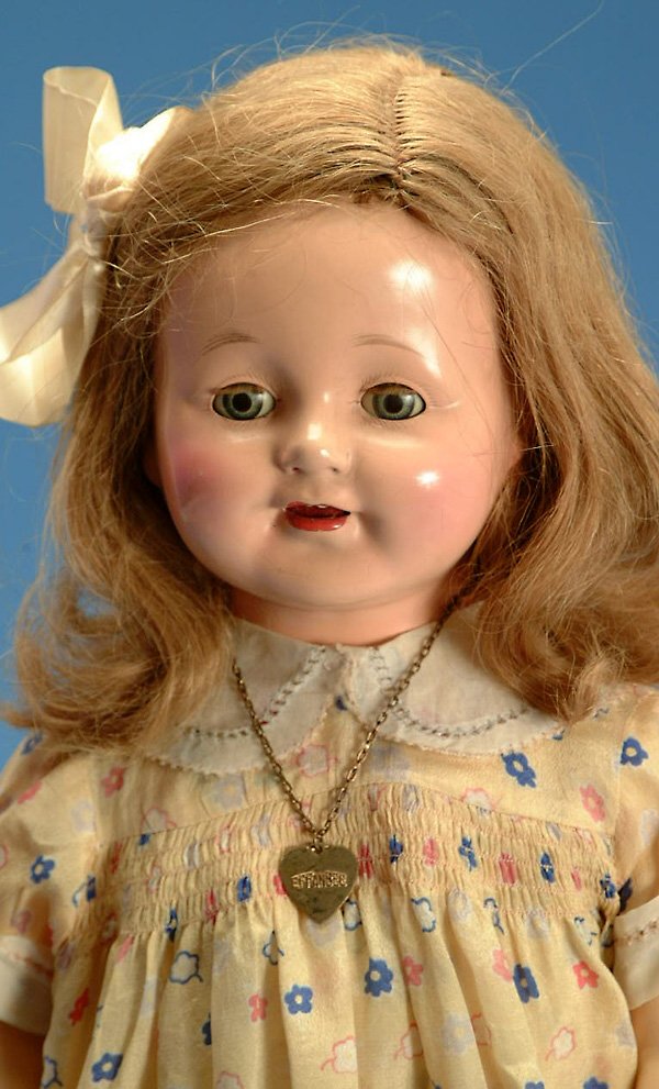 22" Effanbee unusual early Patsy Mama doll, comp.: 22" Effanbee unusual early Patsy Mama doll, comp. w/ cloth torso, hazel tin sl. eyes, o.m., blonde human hair wig, orig clothes w/necklace, marked on sdhoulder plate, overall light crazing, flaking on