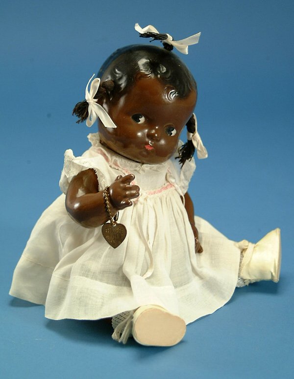10" Effanbee Patsy Baby, all comp., ptd. eyes, mol: 10" Effanbee Patsy Baby, all comp., ptd. eyes, molded hair w/3 yarn braids, white organdy dress, w/bracelet, some wear/crazing VG, (est. $300 - $400)