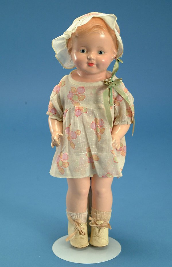 14.5" Effanbee unusual early Patsy, comp w/cloth t: 14.5" Effanbee unusual early Patsy, comp w/cloth torso, bl. painted eyes, tagged orig outfit, light crazing, VG, (est. $100 - $200)