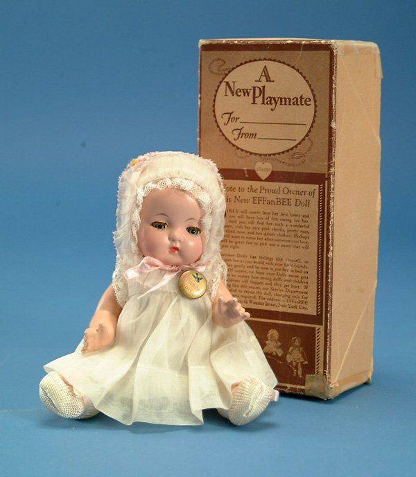 9" Effanbee Patsy Babyette, hazel tin sl. eyes, mo: 9" Effanbee Patsy Babyette, hazel tin sl. eyes, molded hair, orig. organdy tagged complete outfit w/button, orig box, 1/2" hairline by eye, EX, (est. $300 - $400)