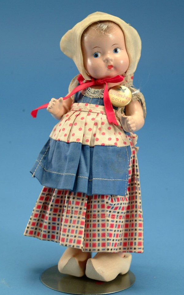 8" Effanbee Patsy Tinyette, all comp, bl. painted: 8" Effanbee Patsy Tinyette, all comp, bl. painted eyes, molded hair, orig dutch costume w/pin, some crazing w/ touchup, G, (est. $100 - $200)