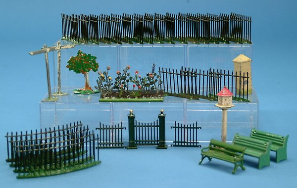 Lot of lead fence, benches, and garden by Britains,: Lot of lead fence, benches, and garden by Britains, Hill, etc, VG, some paint loss, (est. $75 - $100)