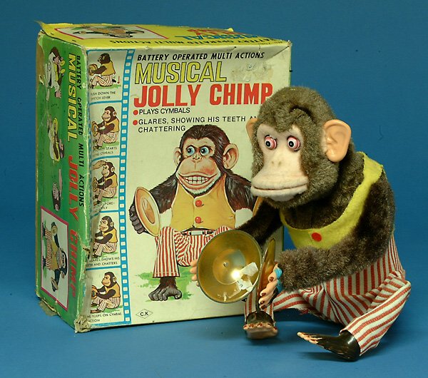 Musical Jolly Chimp, Japanese, battery operated, o: Musical Jolly Chimp, Japanese, battery operated, orig box, VG-EX, box has some loss and wear, (est. $100 - $200)