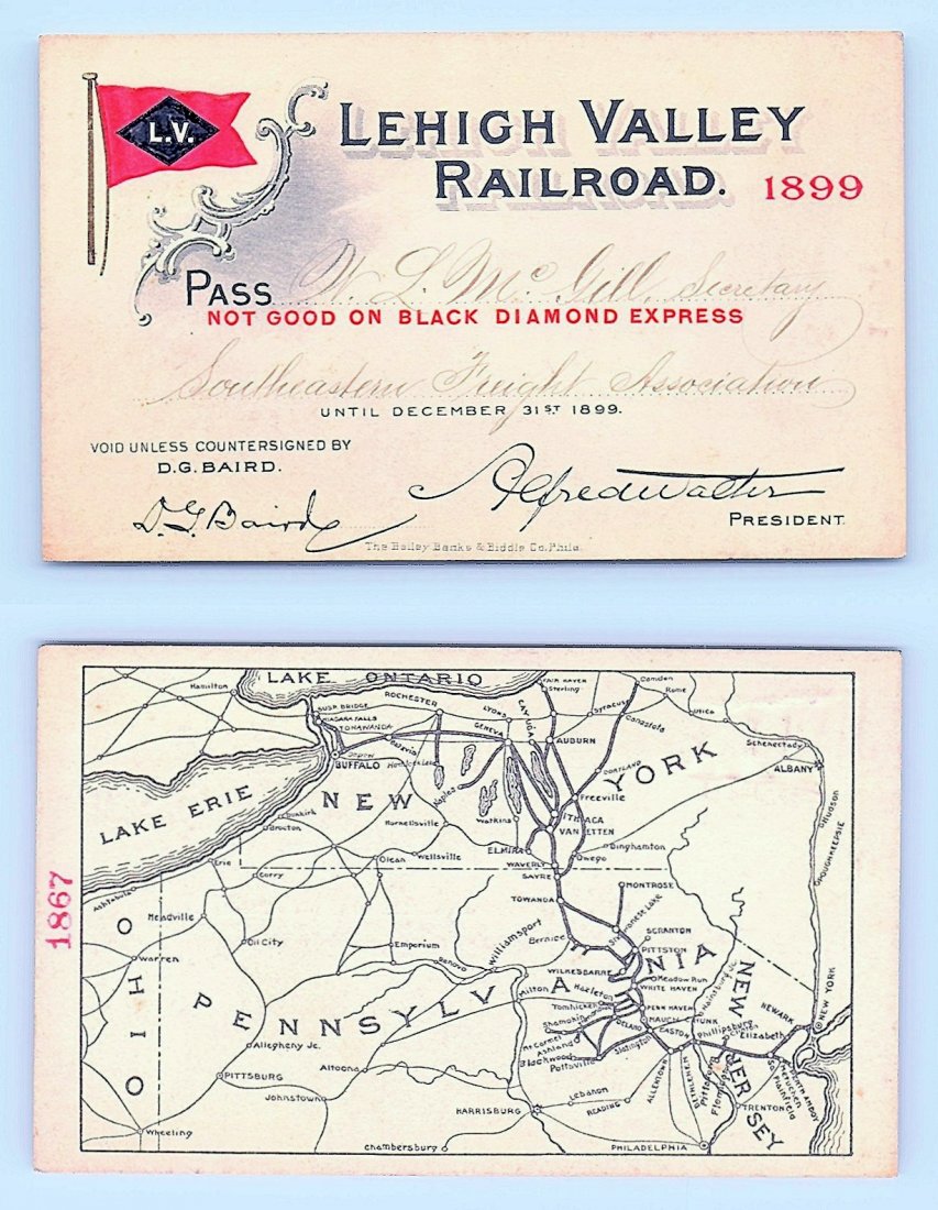 1899 Lehigh Valley Railroad Pass: Annual railroad pass issued to W. L. McGill, Secretary of Southen Railroad Commission, so he could ride this line for the year issued free of charge. Mr. McGill testified before President Theodore Roo