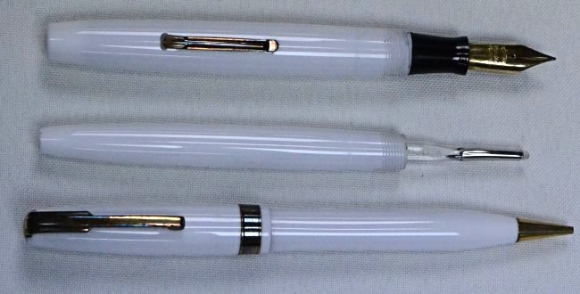 White Lucite Waterman Hundred Year Doctor’s set in box: White Lucite Waterman Hundred Year Doctor’s set in box; c. 1941; Condition: Fine/Excellent; rare & desirable set in white lucite; Fountain Pen: a full-sized lever filler; 13 cm long; Pencil: .9 mm t