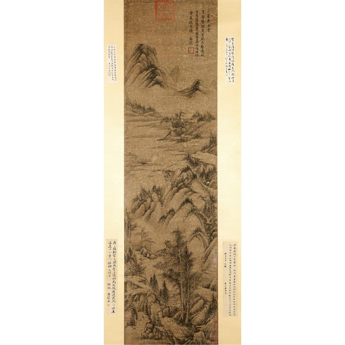 A CHINESE PAINTING OF LANDSCAPE by Wang Meng: Wang Meng (1308-1385) LANDSCAPE ink on paper, hanging scroll, signed WANG MENG and with fifteen seals 136 x 37 cm ( 53 1/2 x 14 5/8 in ) RESERVE: HK$ 3,000 / RMB 2,600 王蒙 (1308-1385) 
