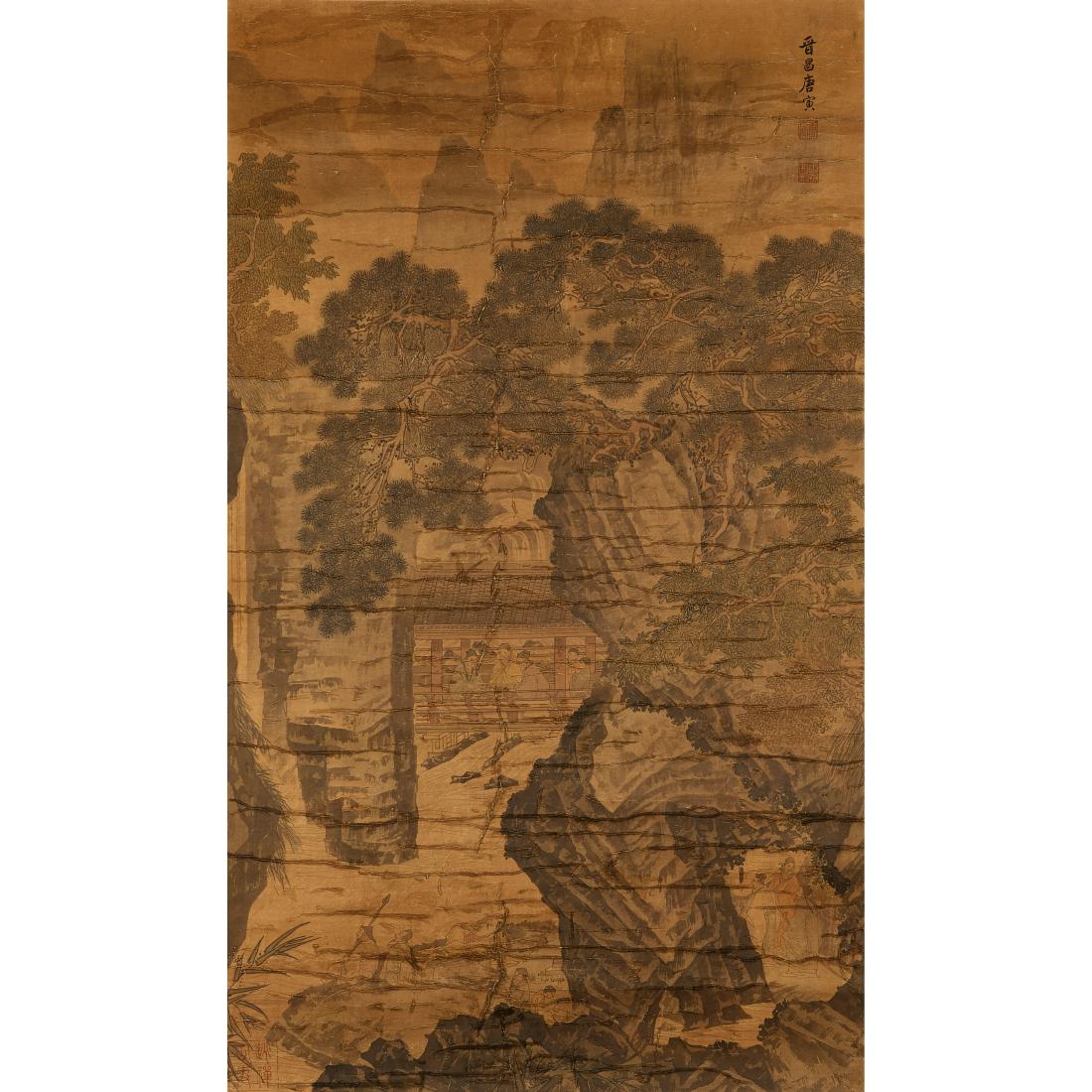 A CHINESE PAINTING OF SCHOLARS IN MOUNTAIN by Tang Yin: Tang Yin (1470-1524) SCHOLARS IN MOUNTAIN ink and colour on silk, mounted, signed TANG YIN and with three seals 109.5 x 63.6 cm ( 43 1/8 x 25 in ) RESERVE: HK$ 6,000 / RMB 5,300 唐寅 (1470