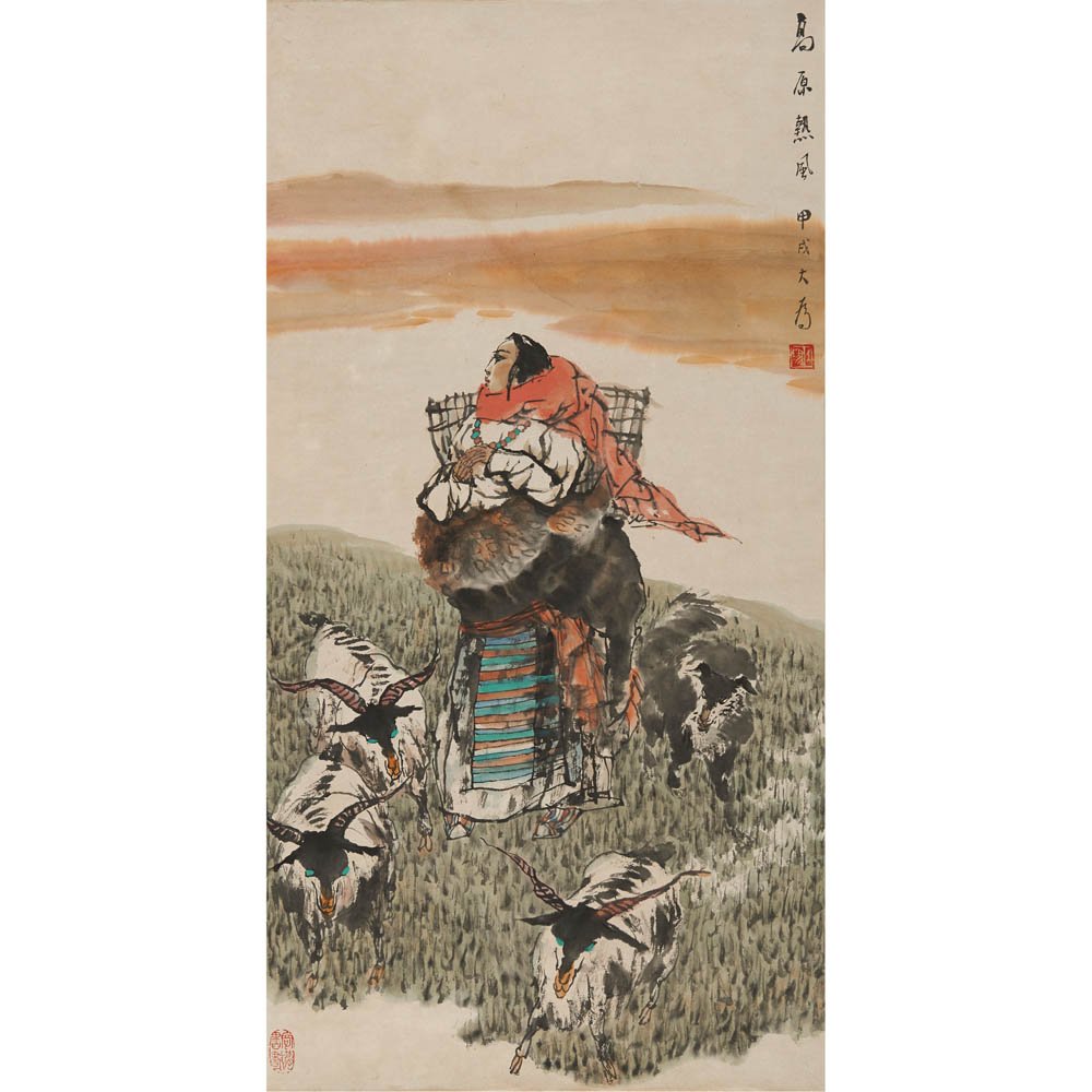 A Chinese Painting Of Girl And Buffaloes: LIU DAWEI (b.1945) Girl And Buffaloes ink and colour on paper, hanging scroll, signed DA WEI, dated 1994, titled, with two seals of the artist. 83 x 43 cm.(~ 3.28 ft²) 劉大為 &#