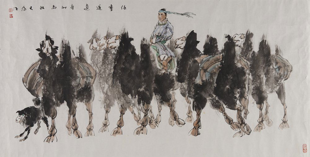 A CHINESE PAINTING OF CAMEL RIDER by Liu Dawei: Liu Dawei (b.1945) CAMEL RIDER ink and colour on paper, mounted, dated 2011, titled, signed DA WEI and with three seals 70 x 136.5 cm ( 27 1/2 x 53 3/4 in ) HK$ 5,000-8,000 RMB 4,300-6,800 劉