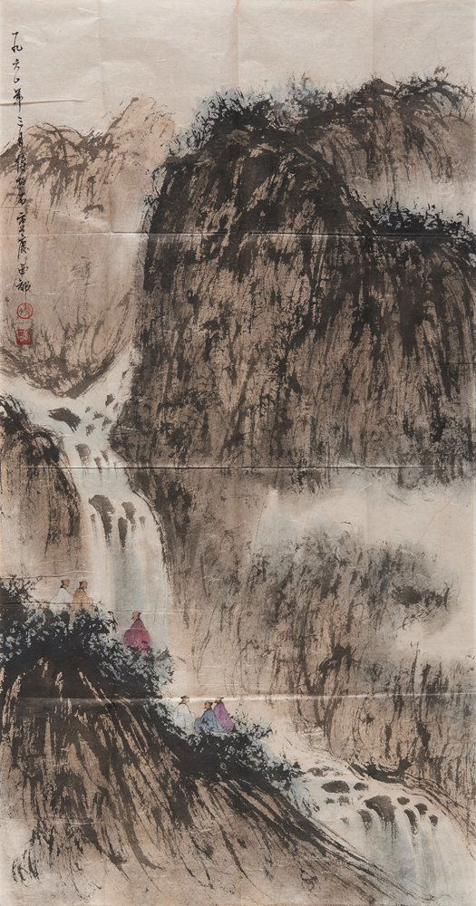 A CHINESE PAINTING OF LANDSCAPE by Fu Baoshi: Fu Baoshi (1904-1965) LANDSCAPE ink and colour on paper, unmounted, dated 1960, signed FU BAO SHI and with two seals 90 x 48 cm ( 35 1/2 x 19 in ) HK$ 1,000-2,000 RMB 800-1,700 傅抱石