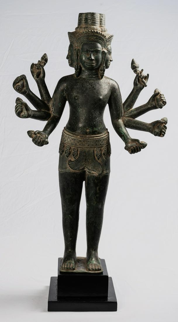Antique Bayon Style Khmer Bronze Brahma - Hindu God: Antique Bayon style Khmer Brahma. Brahma is the Hindu God of Creation and one of the Trimurti, the others being Vishnu and Shiva. He is sitting with eight arms holding a variety of objects. Brahma's f