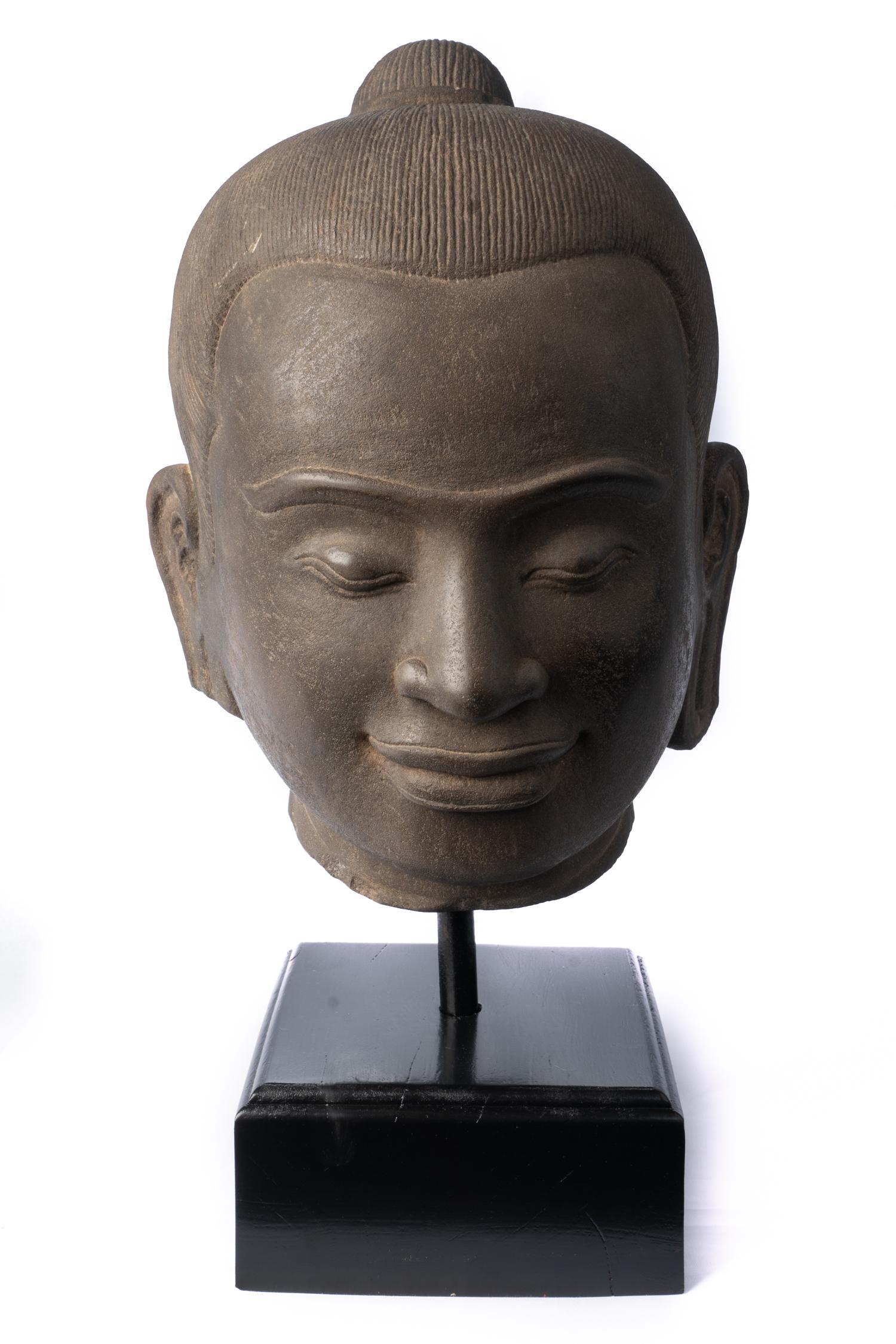 Antique Khmer Style Mounted Stone Jayavarman VII Head - (1 of 6)
