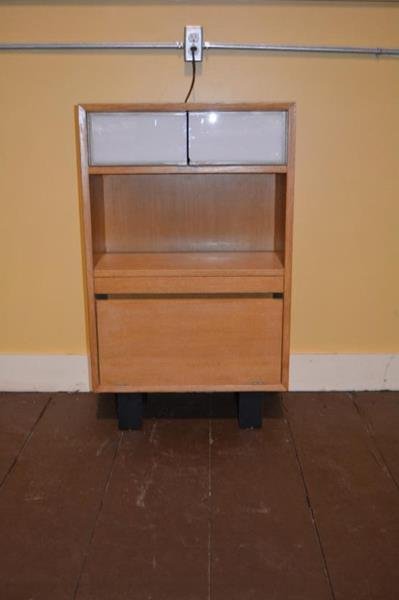 George Neslon Night Stand: George Nelson of Herman Miller Co, Night stand, top doors light up when opened, bottom compartment tilts out