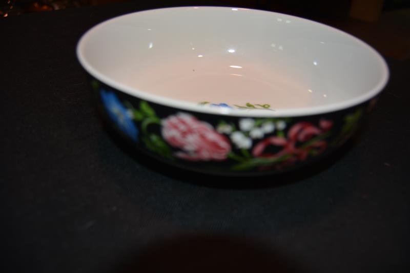 Tiffany & Co Bowl: Tiffany & Co Bowl, Merrion Square by Sybil Connolly, 7.5" W x 2 5/8" H, Morning glorys, forget me nots, and lily of the valley blooms
