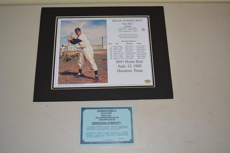 Willie Mays: Willie Mays autographed photo with COA, 11" x 14" 500th Home Run Commemorative Stats