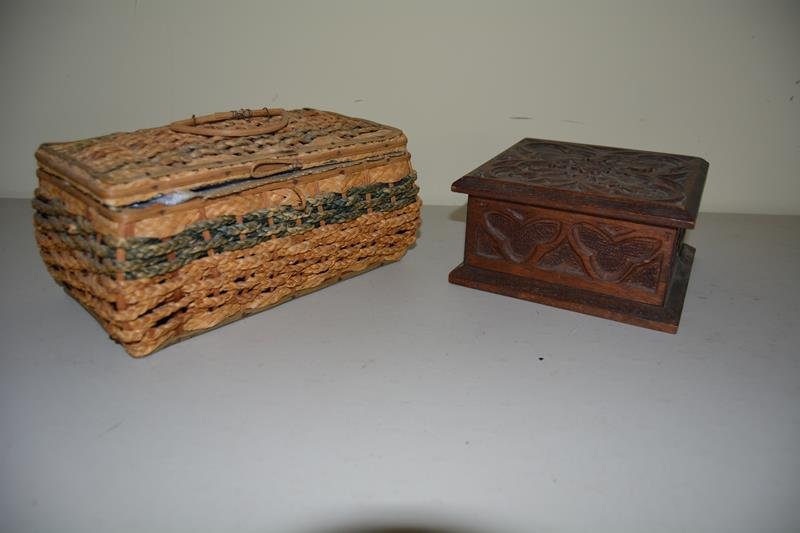 Boxes: Carved wooden trinket box with hinged lid, 7" L x 7" W, bead work sewing basket, Made in Japan, 10.5" L x 6.5" W