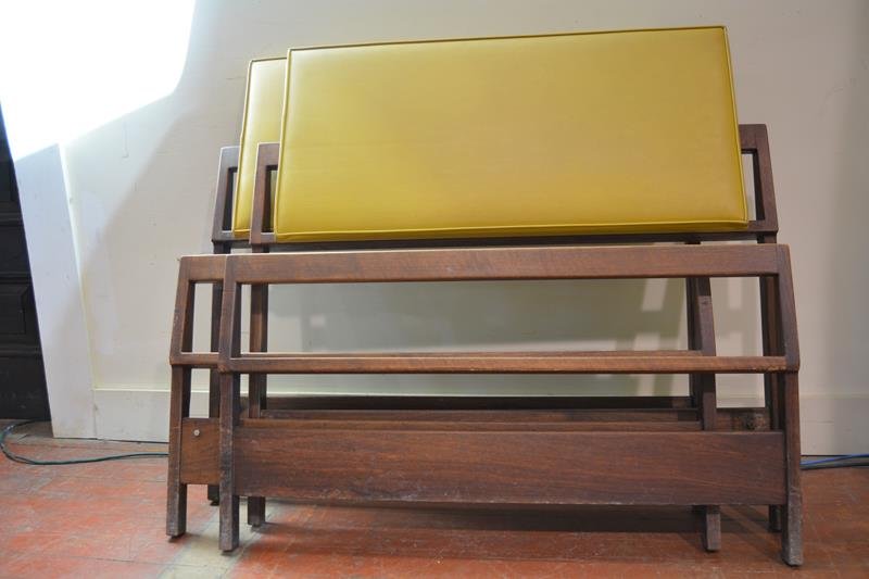 Jens Rison Design head board and foot board: (2) Jens Risom Design headboard and footboard, two of the exact same frames, no rails included. one has a small rip at the top on the headboard about 1" long. other than that they are in great conditi