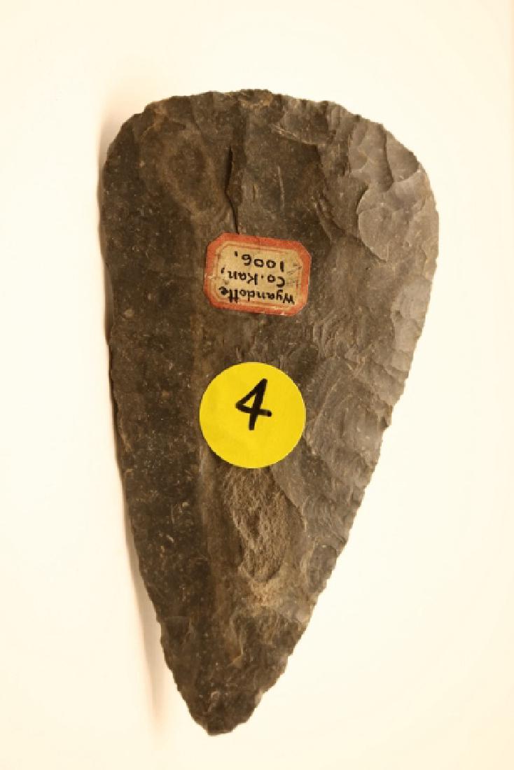 Cobbs knife: 4 ¾” long Cobbs knife found in Wyandotte Co., Kansas, Reed Springs flint