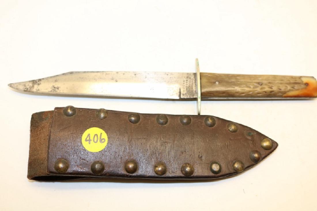 Sheffield Bowie: John Sexton & Co., Sheffield Bowie with tacked leather sheath, jog bone handle, 11” overall length