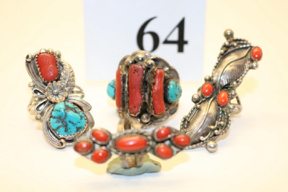 4 Silver and Coral Turquoise Stone Insets Rings (1 of 1)