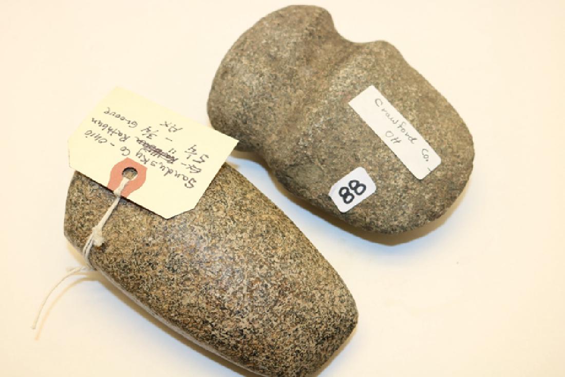 2 Axes – one Full Groove: 2 Axes – one Full Groove 5” long Crawford Co. Ohio one ¾ Groove Speckled Granite 5 ¼” long, Sandusky Co. Ohio – Ex. Rathbun Coll.